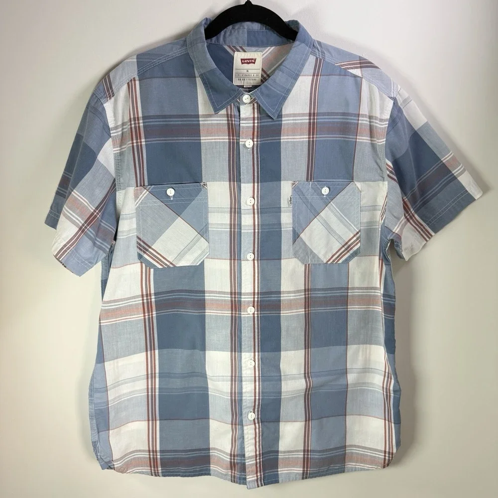 Levi's Men XL Button Up Shirt XLarge Red/White/Blue Plaid‎ Short Sleeve Collar